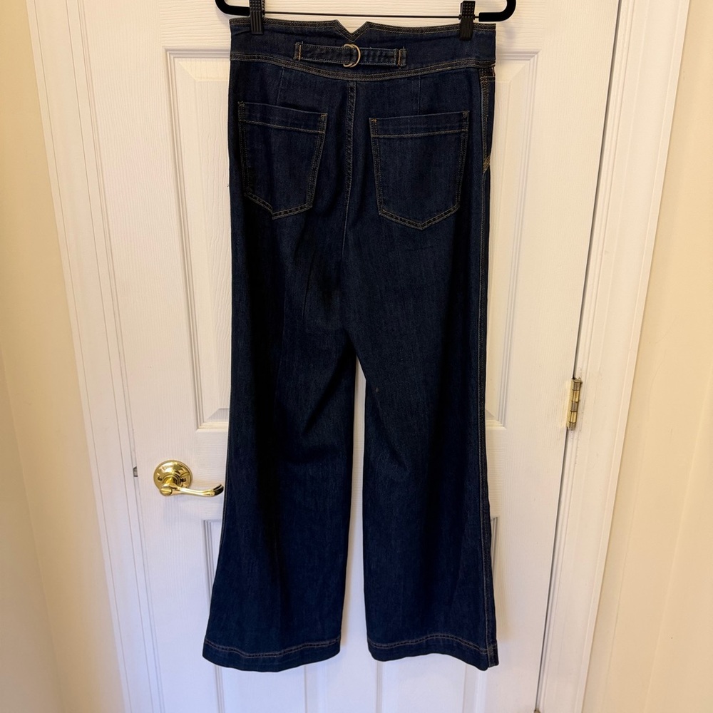 House of Harlow 1960 Dark Indigo Wide-Leg Denim Jeans with Belted Waist